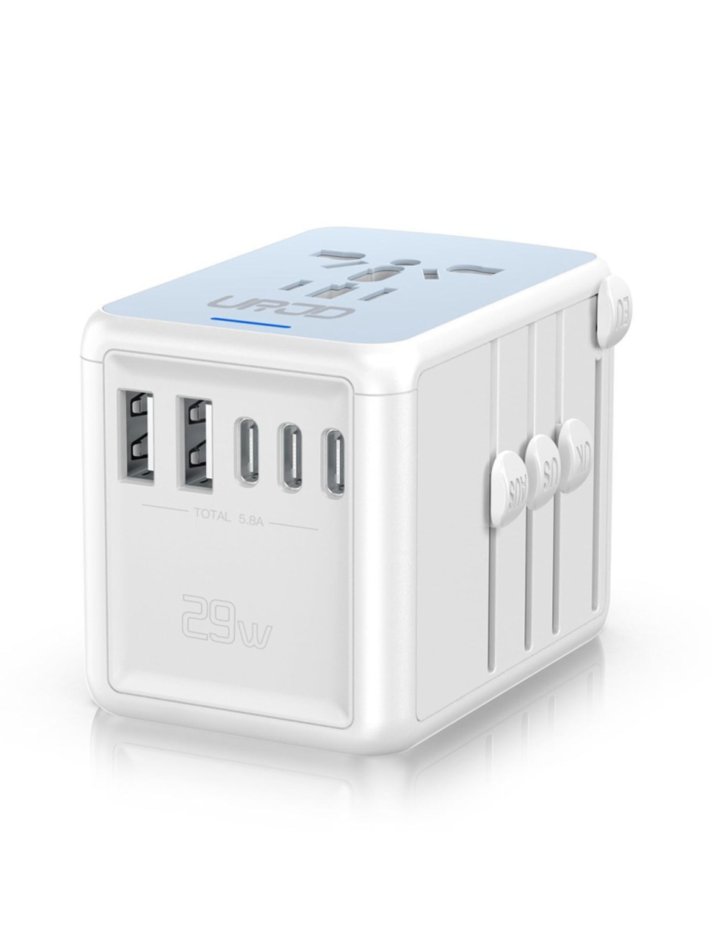 Universal Travel Adapter 6.0A 2500W USB-A USB-C Plugs: US, AUS, UK and EU